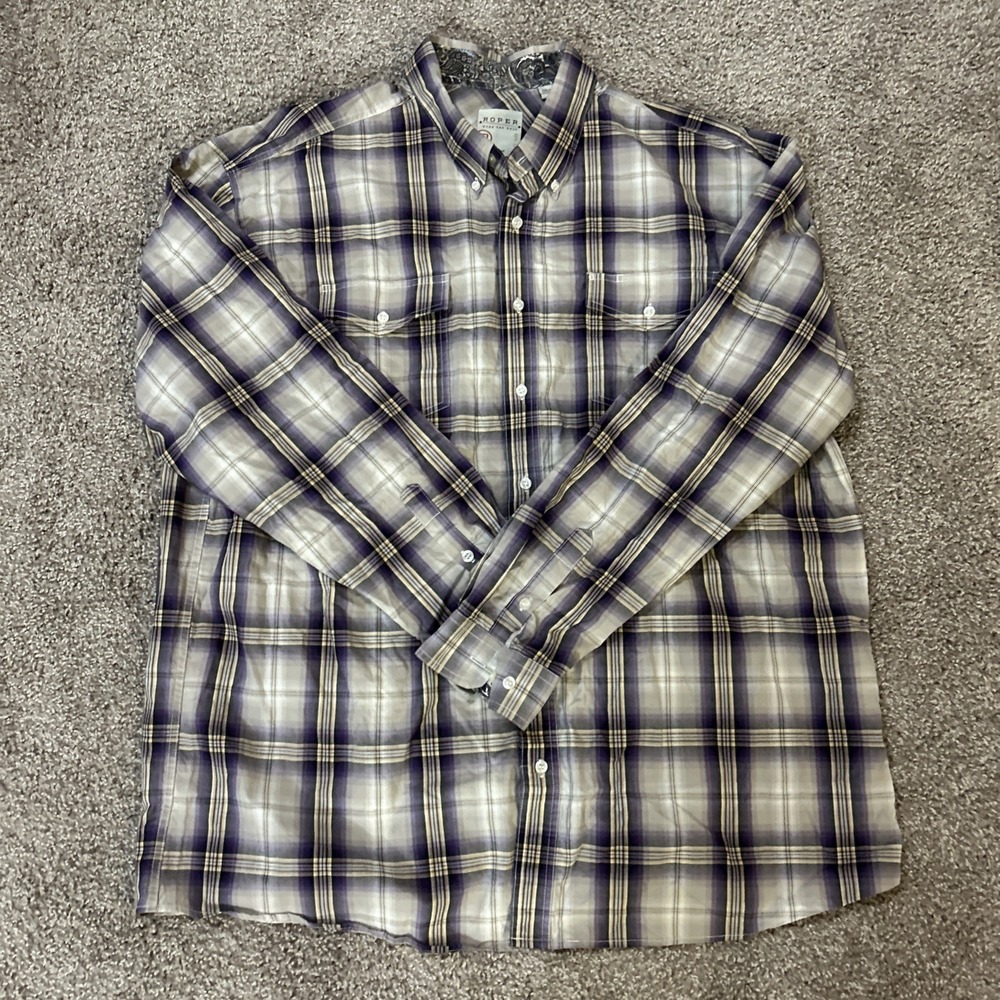 Roper‎ Shirt Mens 3XL Purple Black Plaid Western Pearl Snap Long Sleeve Rodeo